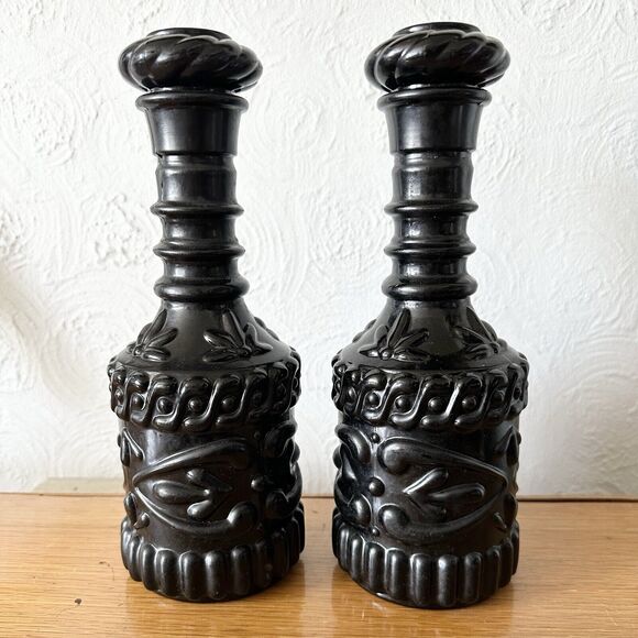 2 Vintage Jim Beam DRB-230 Bottle Liquor Black Glass Bottle Decanters W/ Stopper - Picture 1 of 8